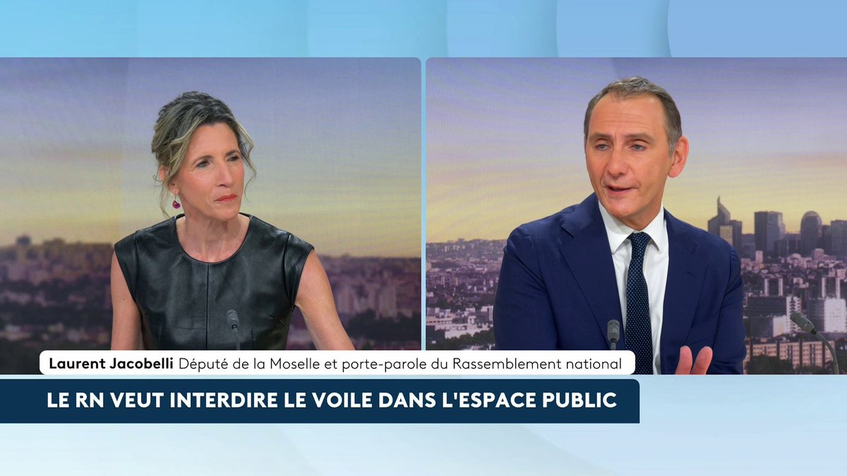 🔴 Le RN veut interdire le voile dans l'espace public : "Le voile est devenu le symbole d'un islamisme conquérant qui dans nos rues revendique et assimile la femme à un danger, une honte pour l'homme comme s'il fallait la cacher." 🗣 Laurent Jacobelli, porte-parole du RN. #canal16