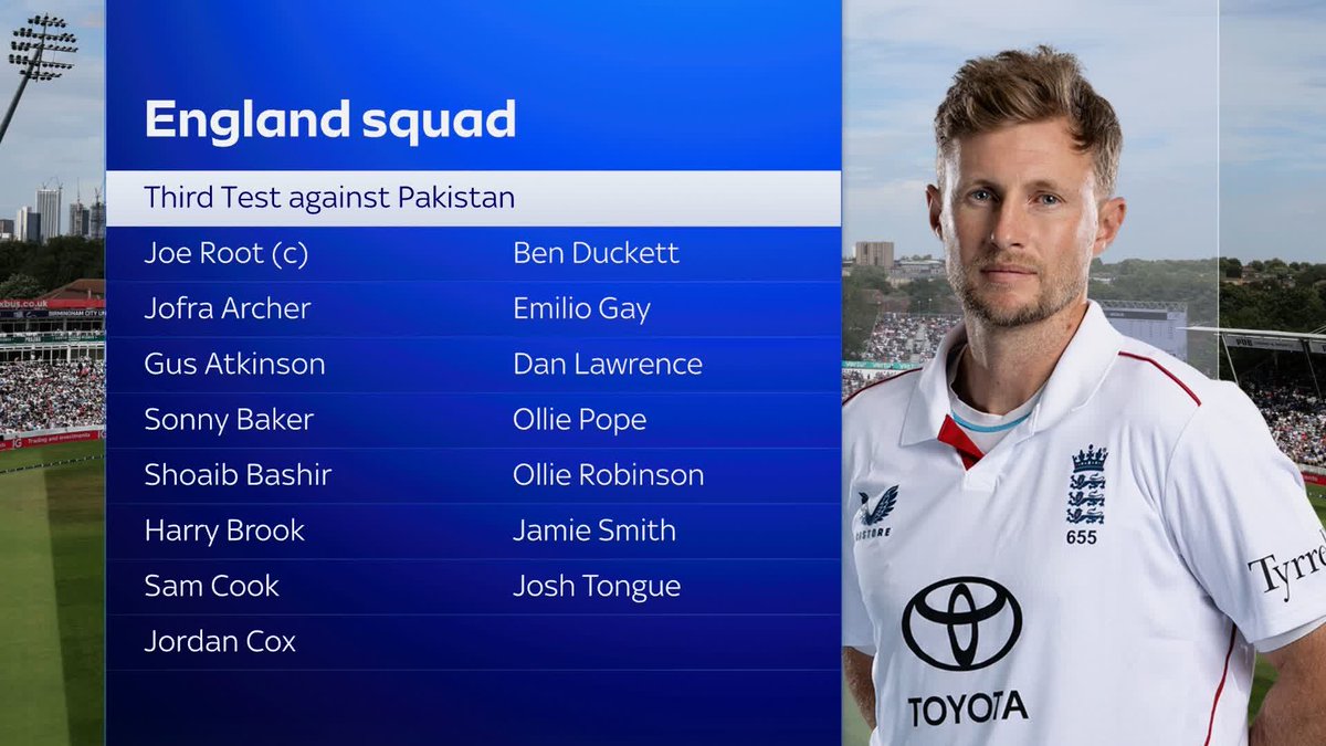 England Men have named a 15-strong squad for the Third Rothesay Test Match against Pakistan at Edgbaston with Brydon Carse and Matthew Fisher both left out 🚨