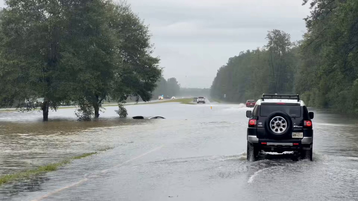 CATASTROPHIC FLASH #FLOOD in Kountze, Texas after over 20 inches of rainfall from Tropical Storm #Edouard. This is Highway 287 showing an evacuated vehicle. Texas Longhorns struggling in the rising flood waters. Village Creek is expected to reach major flood stage tonight of over 23 feet, worse than the floods of 1969 in this region. BIG problems