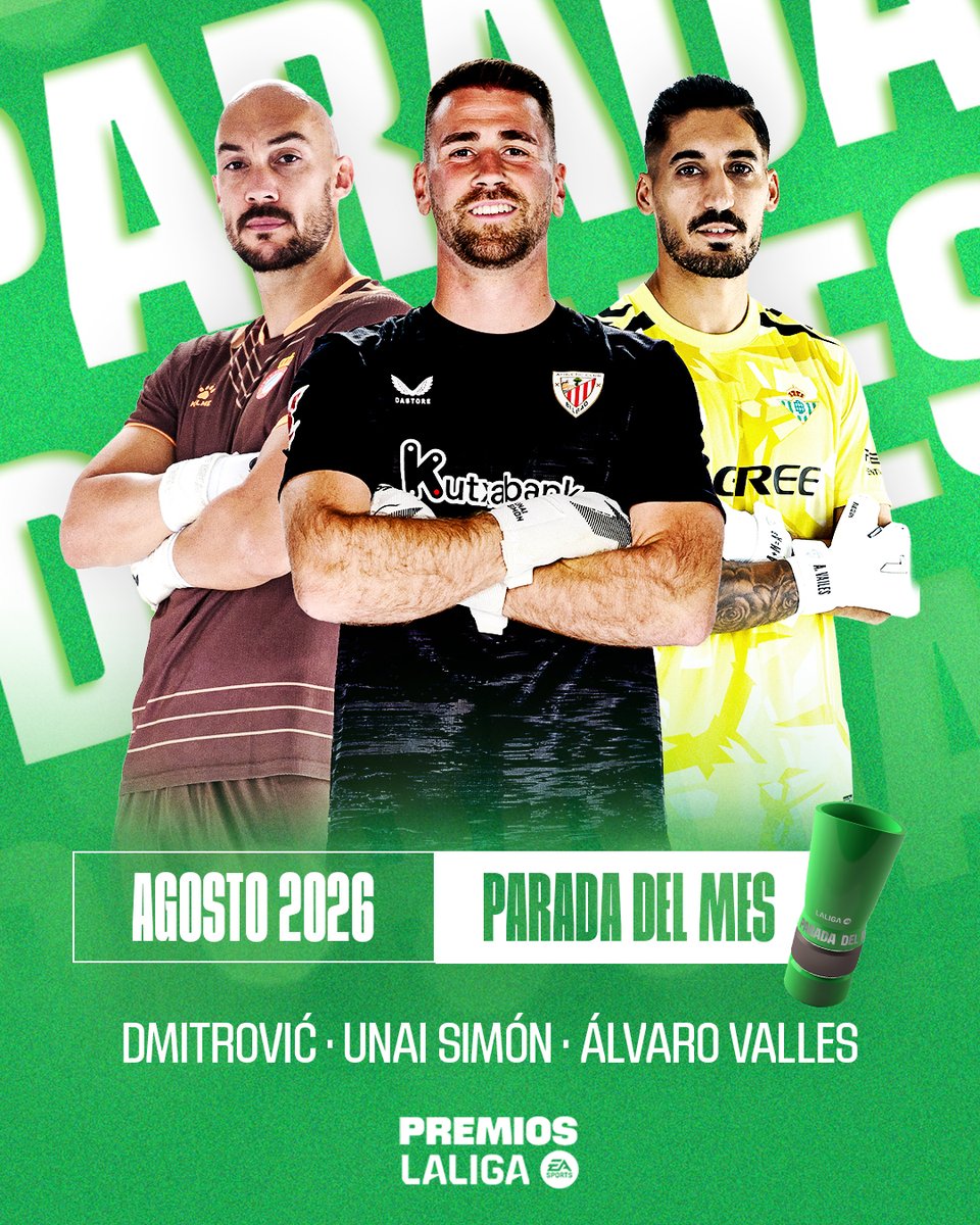 🔝🧤 Vota a la 𝐏𝐀𝐑𝐀𝐃𝐀 𝐃𝐄𝐋 𝐌𝐄𝐒 de agosto en #LALIGAEASPORTS. ✨ Marko Dmitrović ✨ Unai Simón ✨ Álvaro Valles #LALIGASAVEOFTHEMONTH | #PREMIOSLALIGA