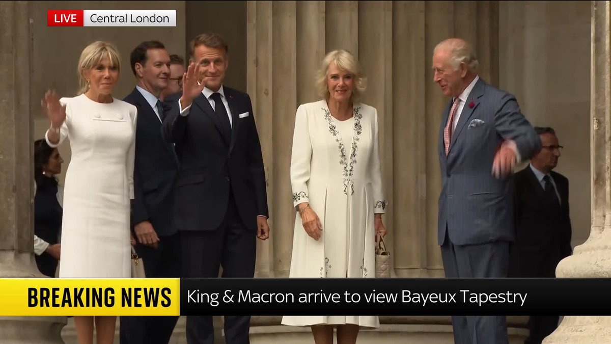 BREAKING: The King and Queen have arrived at the British Museum in London to view the Bayeux Tapestry. The monarch arrived with French President Emmanuel Macron and his wife. Watch live: