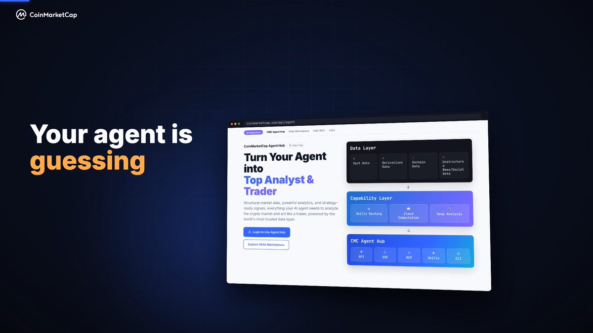 🤖 CoinMarketCap | Agent Hub 🤖 Raw market JSON burns your context window… Agent Hub returns the answer instead! 🔹 RSI, MACD, EMA and Fear & Greed come pre-computed 🔹 Output is compact, timestamped Markdown or YAML 🔹 One hub covers CEX, on-chain, news and wallets Connect your agent through MCP 👇