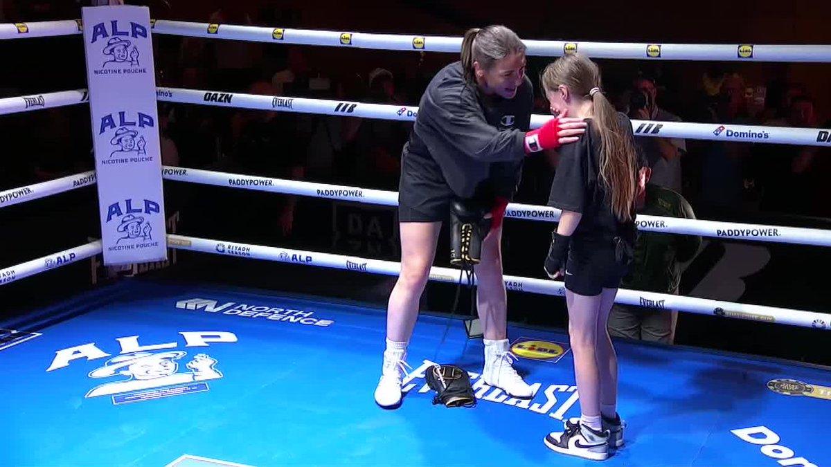 A beautiful moment as Katie Taylor invites a young fan in the ring to have a move around with her 🥹 #TaylorPili | Sept 5 | Live on DAZN ▪️