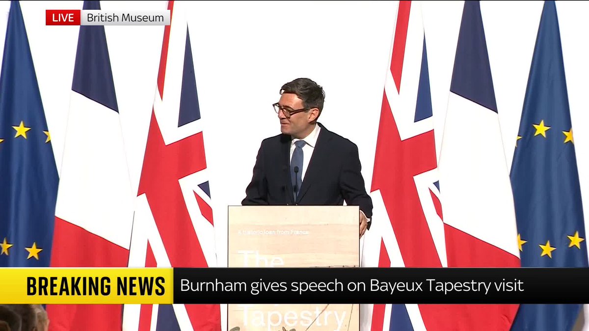 Prime Minister Andy Burnham jokingly compares the story depicted by the Bayeux Tapestry to his own political journey in a speech at the British Museum. The tapestry has been loaned to the UK by France. 📺 Sky 501 and YouTube