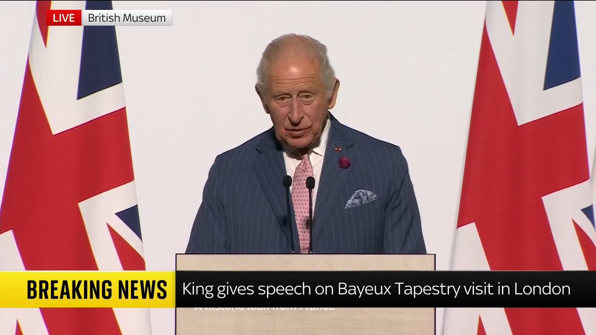 The King used part of his speech at the opening of the Bayeux Tapestry exhibition to address the French president... in French. After welcoming Emmanuel Macron and his wife he said he hoped they had admired the tapestry, presented in the UK for the first time. 📺 Sky 501 and YouTube