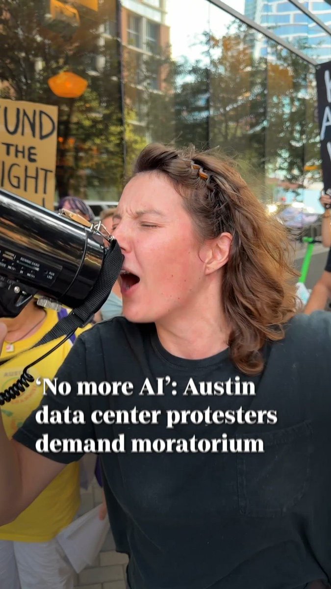 Protesters gathered outside the Datacloud USA conference in downtown Austin as the city weighs restrictions on large data centers.