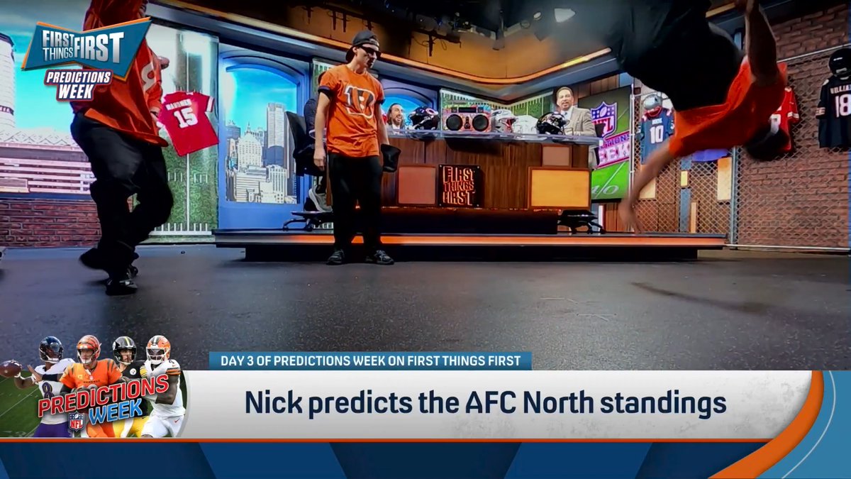 .nick wright: “Coming in 2nd but winning only 9 games and missing the playoffs is the Cincinnati Bengals.” Chris Broussard: “Dare I say it Nick, you think they’re gonna be some breakdancers?” The breakdancers pulled up for Nick’s AFC North picks 😭🕺