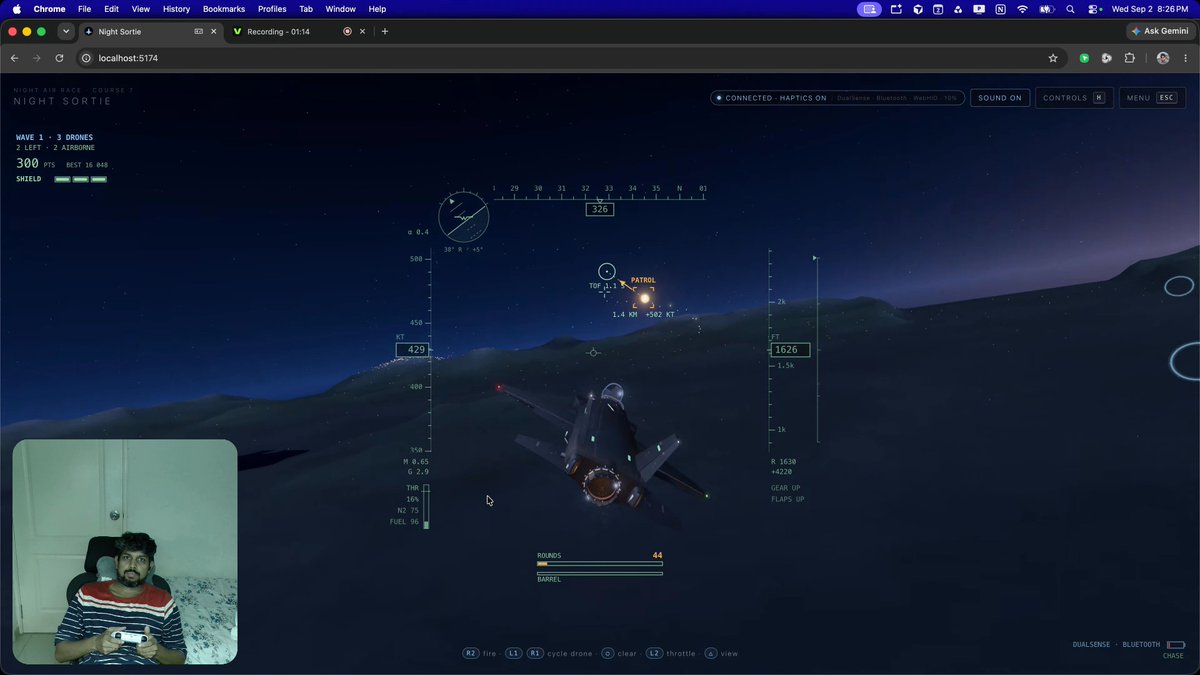 Fable 5.1 + Three.js + Cursor 🔥 I built this game, and I can’t even believe how good it turned out. It feels so good to play with a PS5 DualSense controller with haptic enabled. I’m also working on a new stage, The only downside is that the prompt rejection rate is high