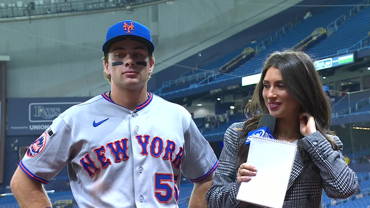 Nick Morabito talks with Michelle Margaux after getting his first MLB hit in the Mets' win over the Rays!