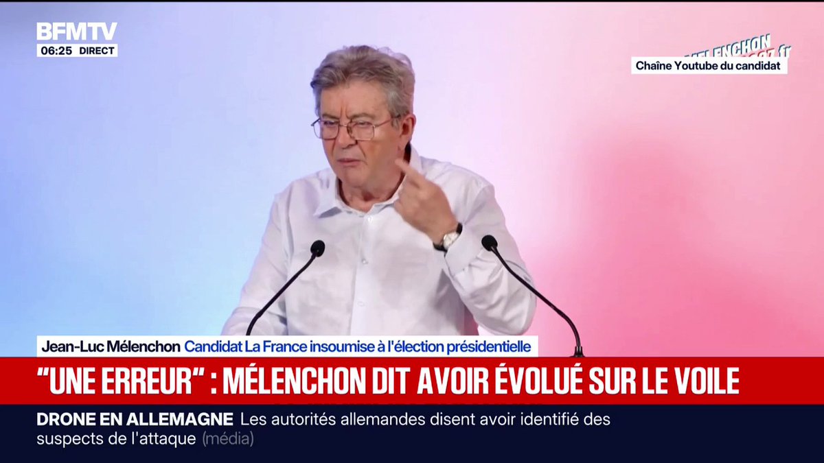 "J'ai fait une erreur terrible": Jean-Luc Mélenchon, candidat de La France insoumise à la présidentielle, dit avoir changé d'avis sur le port du voile