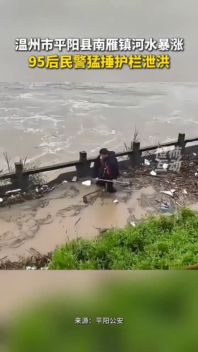 【Video】This footage, filmed on September 2 in Nanyan Town, Pingyang County, Wenzhou, East China's Zhejiang Province, shows a river that had overflowed its banks. Watch as a police officer (born after 1995) bravely uses a hammer to clear the drainage channel! #Typhoon Saudel made landfall twice along the coast of #Zhejiang on August 28.