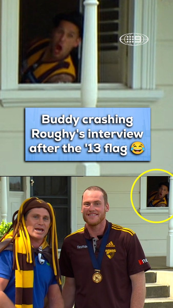 "Who's that guy in the window there?" 🪟 Just Buddy being an absolute menace after the Hawks' 2013 flag 😂 #9AFLSFS | Watch on 9 & 9Now 🖥️