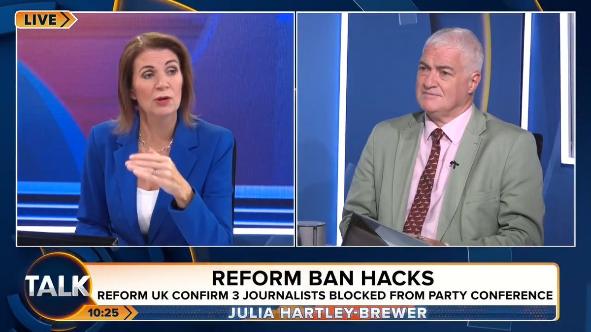"Banning journalists for LITERALLY doing their job... Just because you don't like what they write about you! You don't attack freedom of the press." Julia Hartley-Brewer says it is "unacceptable" for Reform UK to ban journalists from its party conference. Julia Hartley-Brewer