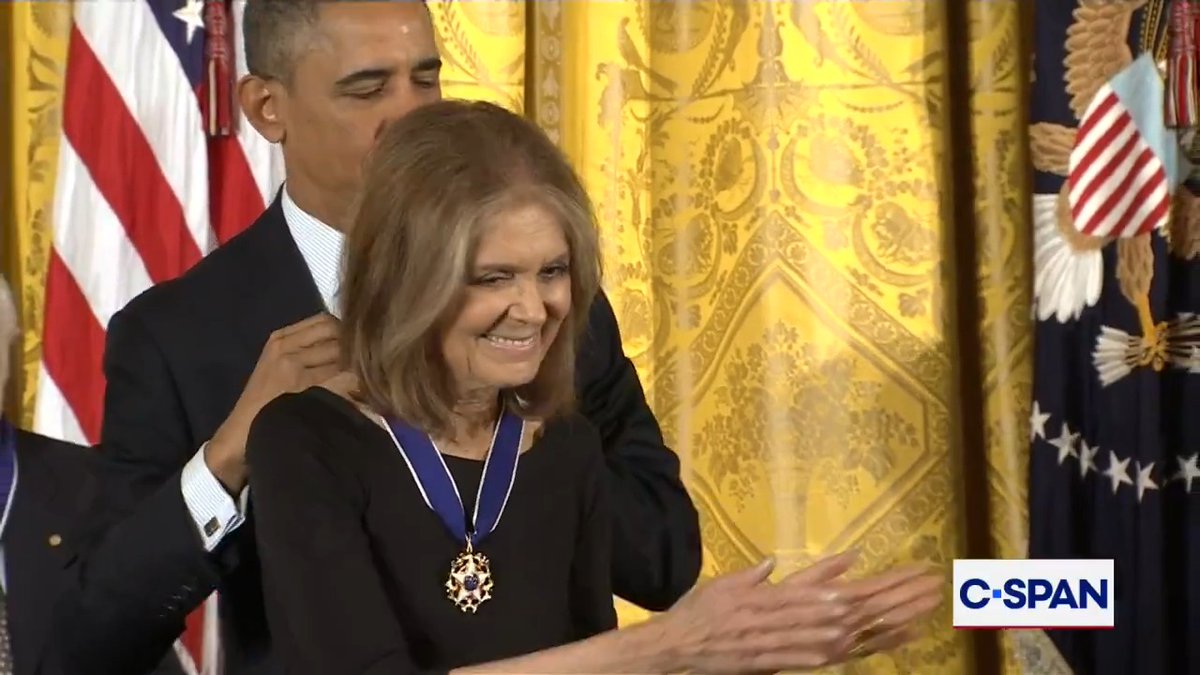 "Gloria Steinem continues to move us all to take up the cause of reaching for a more just tomorrow." From 2013, Gloria Steinem receives the Presidential Medal of Freedom. Learn more about her life and career by searching his 38 C-SPAN appearances: RIP.