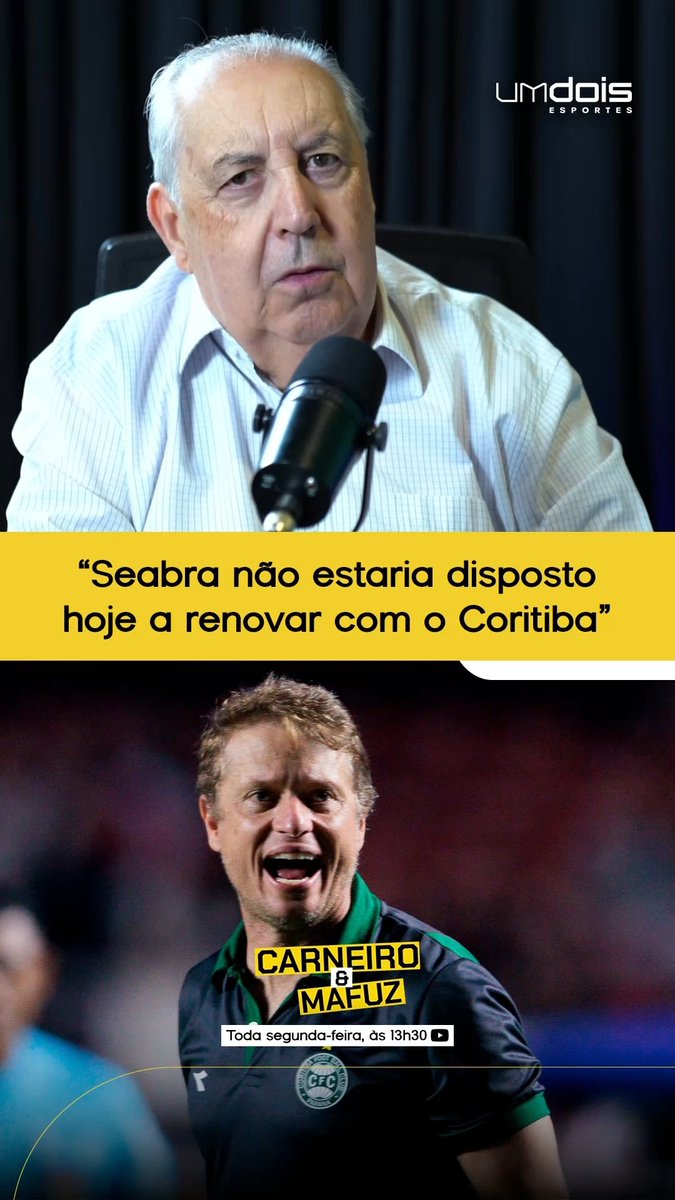 🎙️ "Coritiba está tentando renovar já pro ano que vem o contrato do Seabra. Parece que há uma certa resistência do Seabra. A informação que eu recebi de que ele quer esperar o final do ano, final da temporada" "Mas veja bem, isso é uma informação, não partiu do Coritiba, não partiu do Seabra. É meu bastidor. Então não vamos comprometer nem o Coritiba e nem o Seabra nisso aí. Mas a informação é que o Seabra não estaria disposto hoje a abrir uma negociação pra estender o contrato pra o ano que vem" 🎥 Augusto Mafuz, no podcast Carneiro & Mafuz