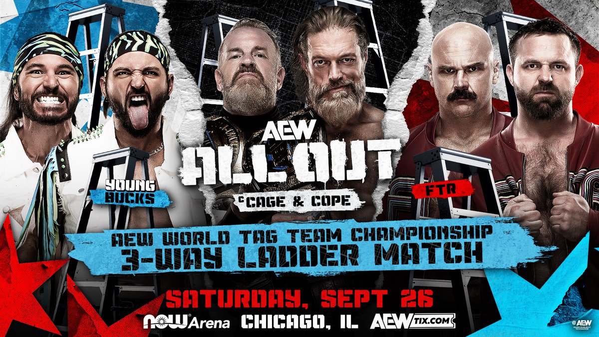 #AEWAllOut Saturday, 9/26 8pm ET/5pm PT on PPV AEW World Tag Team Title LADDER MATCH Jay 'Christian' Reso/Adam Copeland vs @YoungBucks vs FTR Cope & Cage will defend vs rival teams Young Bucks & FTR in a 3-Way Ladder Match on Saturday 9/26 at All Out!