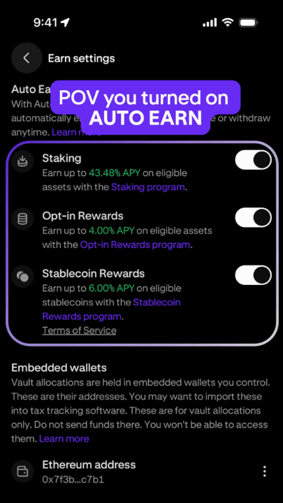 📢 PSA: Turn on Auto Earn If you’re holding eligible assets and this is still off… Go fix that ⤵️