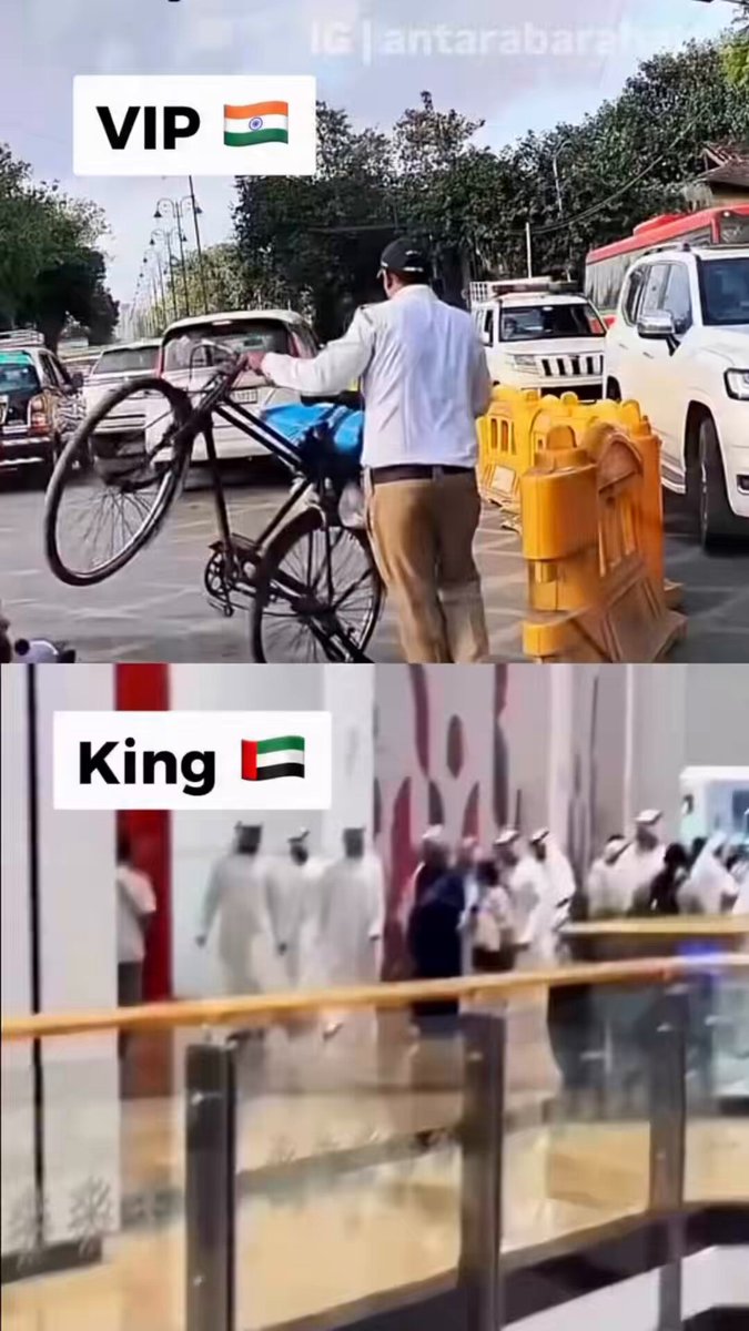 هندي معلقاً في مومباي راكب دراجة يتم دفعه لإخلاء الطريق لشخصية مهمة وفي دبي أظهر حاكمها نوعاً مختلفاً حيث أفسح الطريق لسيدة هندية حتى لو البروتوكول يقتضي خلاف ذلك هذا الدرس منه يجب أن يلهم كل قائد 🇦🇪