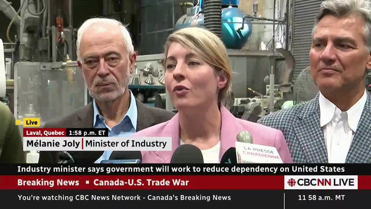 Canadian Minister of Industry Melanie Joly vows Canada will "never accept" Canada's industrial capacity being weakened. "Our companies are here to stay. We will never accept that they will just go and leave towards the US. We will anchor them now and for future decades."