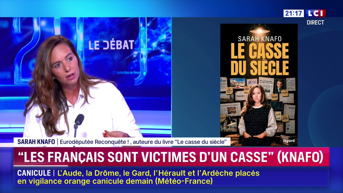 🗣️ "Les Français sont les victimes du casse", affirme Sarah Knafo après la sortie de son livre "Le casse du siècle" 📺 Invitée de Darius Rochebin sur LCI.