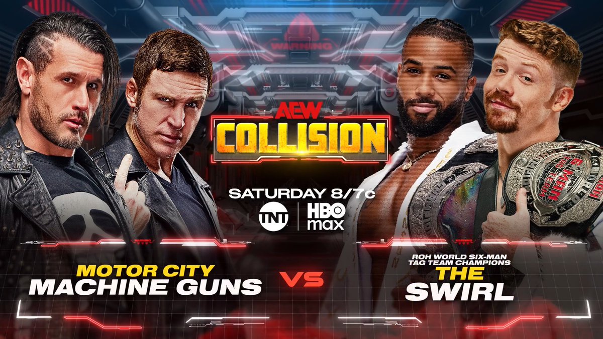 #AEWCollision 8/7c, TNT & HBO Max - This Saturday, 9/5! chriSabin/@Lx $helley vs Blake Christian ブレイク・クリスチャン/BigShottyLee Don't miss the in-ring debut of the Motor City Machine Guns as they COLLIDE vs The Swirl on TNT, THIS SATURDAY!
