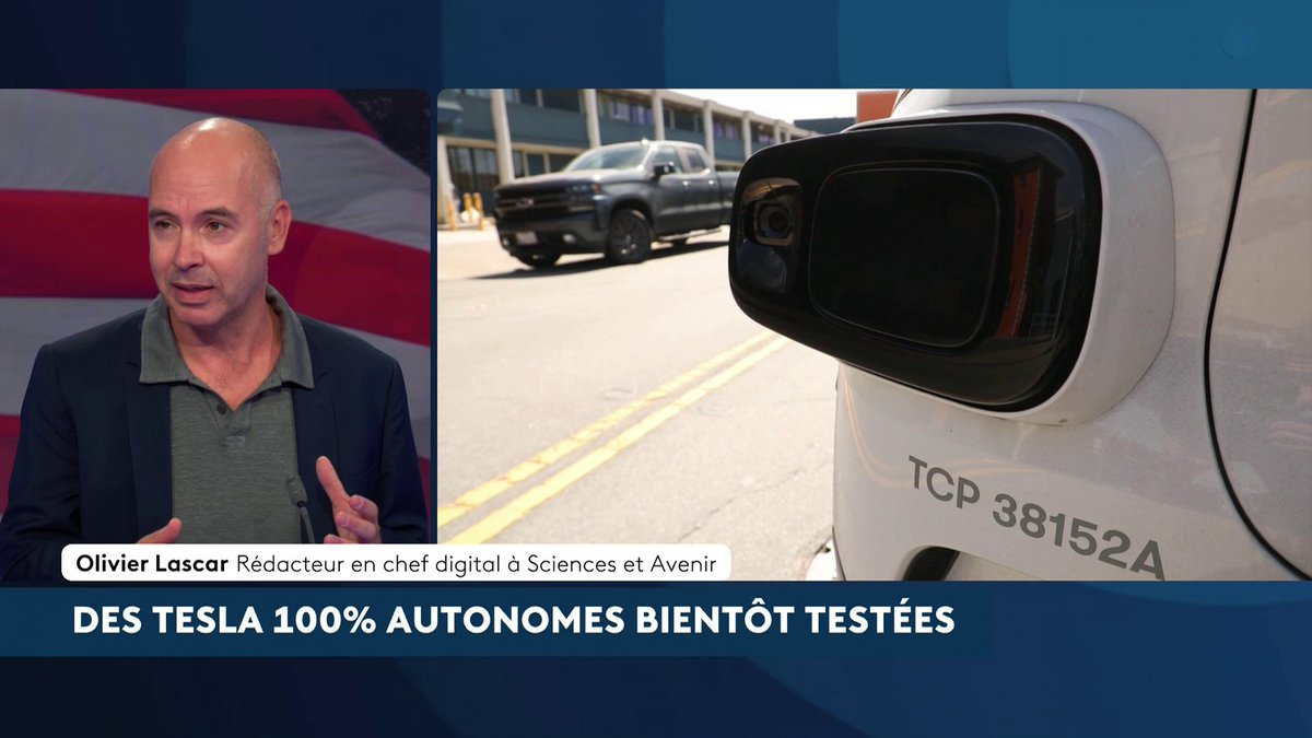 🔴 🗣️ La France autorise les essais des voitures autonomes Tesla "Il y a six degrés dans la voiture autonome (...) Aujourd'hui Tesla au maximum (...) est capable du niveau 2", précise olivier lascar, rédacteur en chef à Sciences et Avenir. Loïc de La Mornais #SurLeTerrain #canal16