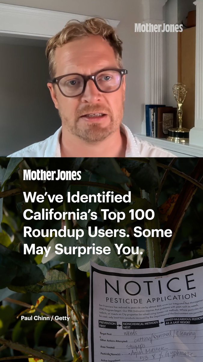We’ve just identified California’s top 100 Roundup users. You probably wouldn’t guess who’s at the top of the list. If you’re a fan of pistachios, mandarin oranges, or pomegranate juice, you’re probably familiar with the logo of The Wonderful Company—a multibillion-dollar producer of fruits and nuts and, according to records analyzed by Mother Jones, the top sprayer of the herbicide glyphosate in California. In 2023, the latest year pesticide records are available, the company used 328,000 pounds of glyphosate—about 68 percent more than anyone else in the state. Because California produces more than three-quarters of the nation’s fruits and nuts and nearly half of its vegetables, how its farmers use glyphosate matters to the rest of the country, too. In a statement, a spokesperson for The Wonderful Company emphasized its "sustainable business practices across its farming operations.” They added that the company “currently uses glyphosate only for weed control in our orchards and does so in full compliance with government approved label instructions.” But as more and more Americans become aware of the ecological and health risks associated with glyphosate, Wonderful’s new distinction as California’s top sprayer of the controversial weedkiller could raise hackles across the political spectrum. According to a recent survey by the Annenberg Public Policy Center, two-thirds of Americans favor banning glyphosate, including 70 percent of Republicans and 69 percent of Democrats. Check out the link below to search our new database of California’s 100 Roundup users, some of which may surprise you. Reporting by Nathan Halverson Produced by Peter Berger
