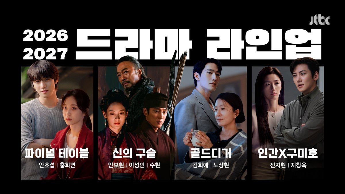 " 모든 준비는 끝났다 " [2026 - 2027 JTBC 드라마 라인업] 대공개 - <파이널 테이블> 안효섭 · 홍화연 - <신의 구슬> 안보현 · 이성민 · 수현 - <골드디거> 김희애 · 노상현 - <인간X구미호> 전지현 · 지창욱 #JTBC드라마 #파이널테이블 #신의구슬 #골드디거 #인간X구미호