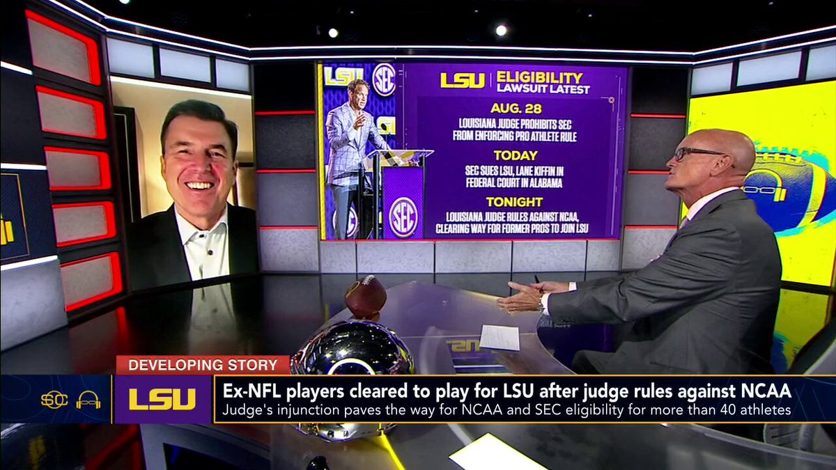 "When you think it can't get any stranger in college sports, then you have a day like today." —Rece Davis joins Scott Van Pelt to discuss a judge ruling against the NCAA, clearing the way for ex-NFL players to return to college football 🏈