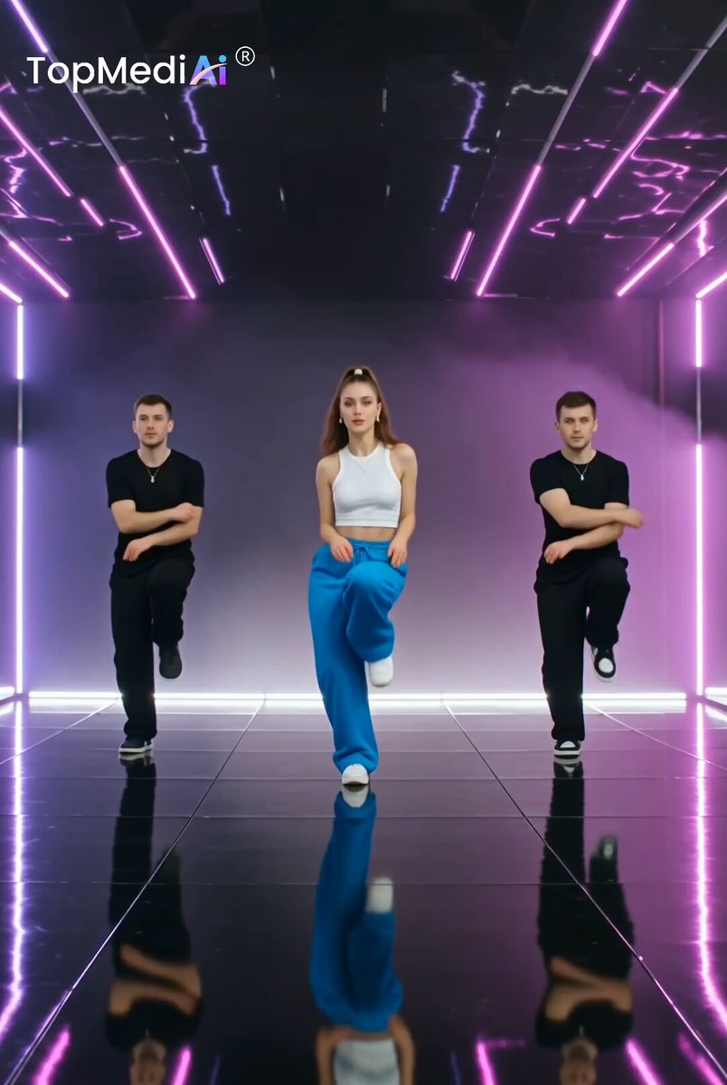 Good vibes, smooth moves, and a beat you can’t resist. When the music hits, you just have to move. Made with Seedance 2.0 on TopMediai Prompt: A cinematic K-pop dance performance on a futuristic dark stage illuminated by vibrant purple and magenta neon lights. A confident female dancer with a high ponytail, wearing a fitted white crop top and oversized electric-blue pants, performs sharp, powerful choreography with two male backup dancers dressed in black. Start with a full-body symmetrical shot, then smoothly push the camera toward the lead dancer for an intense close-up. Include dynamic hand movements, precise choreography, subtle body motion, realistic facial expressions, flowing hair movement, dramatic stage lighting, glossy reflective floor, atmospheric haze, soft lens flares, and energetic concert visuals. Audio / Sound Design: Create an energetic modern K-pop instrumental with a powerful electronic beat, punchy bass, crisp kick and snare, rhythmic synths, atmospheric pads, and subtle crowd ambience. Sync the beat precisely with the dancers' movements, adding bass hits and impact sounds on major choreography transitions. Include smooth beat drops, rising synth effects, and cinematic whooshes during camera movements. No dialogue, no vocals, clean polished music-video audio, immersive stereo sound. Smooth cinematic camera movement, realistic human motion, detailed skin and fabric textures, high-end music-video cinematography, dramatic neon lighting, dynamic choreography, glossy reflections, 4K quality, vertical 9:16.
