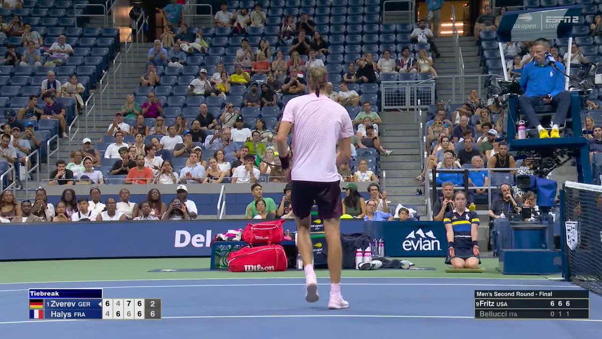 No. 1 seed Alexander Zverev is on the brink yet again of getting upset at the US Open 👀 Zverev is the first men's No. 1 seed in the Open Era to play back-to-back 5-setters to start a Major.
