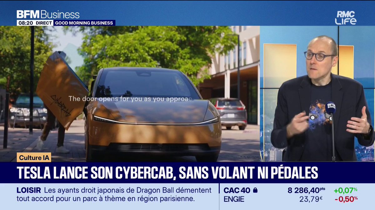 Tesla lance son Cybercab, sans volant ni pédales 🚘🤖 "Il pourrait être commandé via une application, la voiture s'arrête devant nous, on appuie sur le bouton "start" et on se laisse transporter". 💬Anthony Morel
