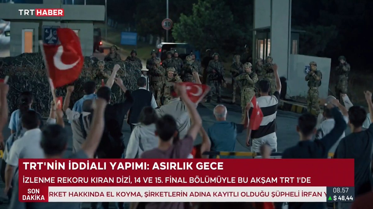 FETÖ'nün #15Temmuz hain darbe girişimini ekrana taşıyan TRT dizisi Asırlık Gece final yapıyor. 2 bölümlük finalde Cumhurbaşkanı Erdoğan'a yönelik suikast girişimi ve darbe girişiminin püskürtüldüğü 16 Temmuz sabahı anlatılacak. İzlenme rekorları kıran dizi bu akşam TRT 1'de.