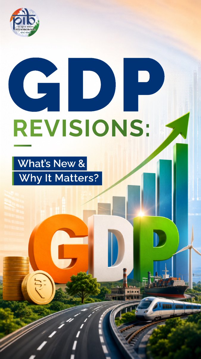 ◉ India’s economy begins FY 2026–27 on a strong note, with real GDP growth at 7.8% in Q1📈 ◉ The new GDP series has also brought revisions to earlier estimates. For Q1 2025–26, GDP at current prices was earlier estimated at ₹86.05 lakh crore under the old series; under the new series and subsequent revisions, the estimate stands at ₹80 lakh crore ◉ Such revisions reflect changes in the base year, updated data and improved measurement methodologies as more comprehensive information becomes available 📽️Take a closer look at what the new #GDP series means for understanding India’s evolving economy! #IndianEconomy #GDPGrowth #IndiaGrowthStory