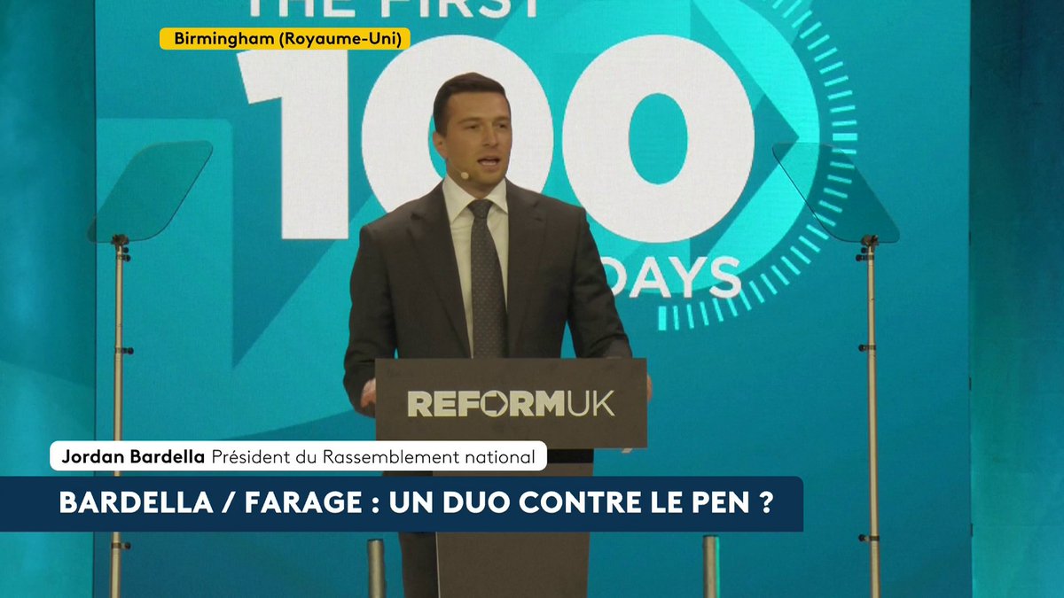 "Le peuple seul juge." Jordan Bardella (RN) prend la parole en anglais lors du congrès de Reform UK, le parti britannique dirigé par Nigel Farage. #canal16