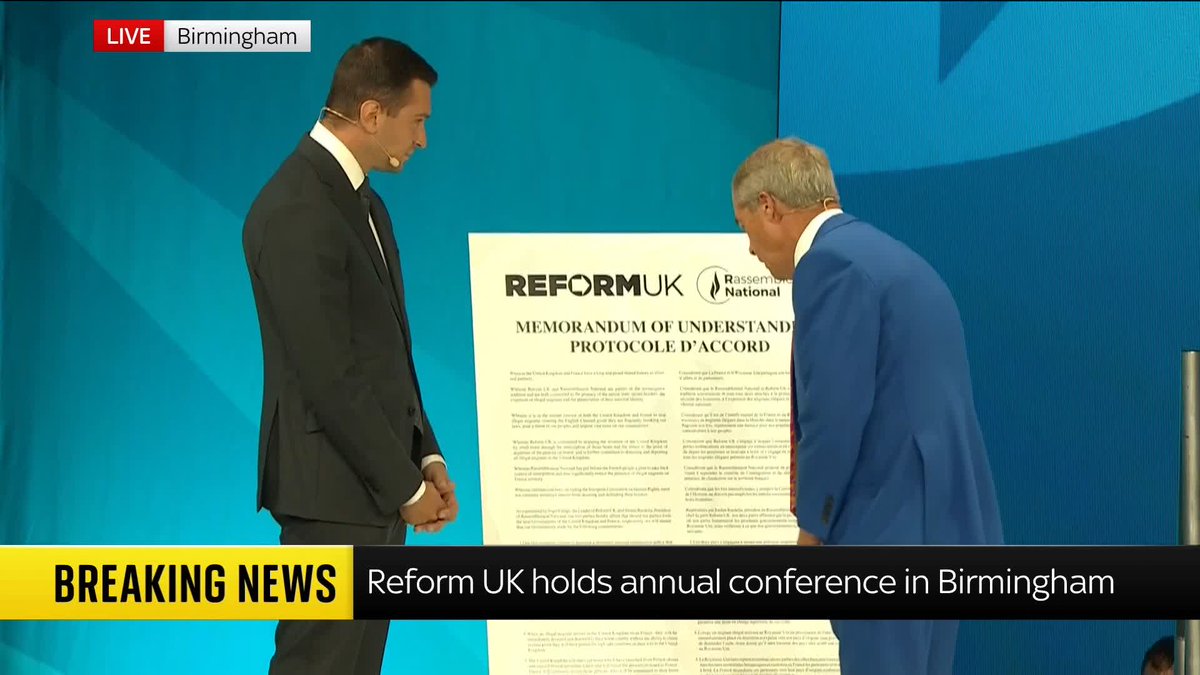 Nigel Farage vows to return those who enter the UK illegally back to France, signing an agreement with French president hopeful Jordan Bardella at the Reform UK party conference