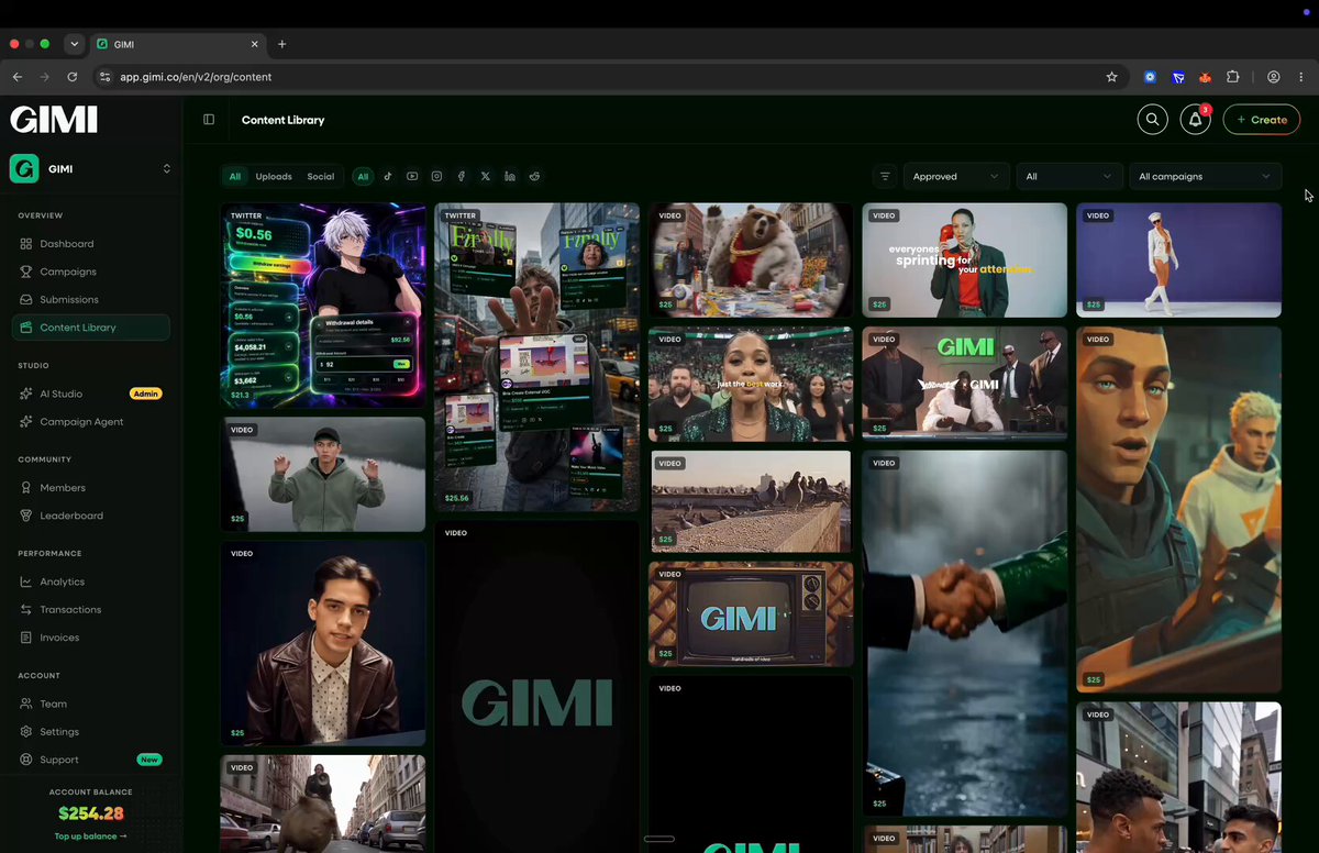 Brands: “How do I build creator networks that constantly make awesome content about my brand, post it across socials, and send me original files so I can distribute the winners and use them on my own channels too?” GIMI: