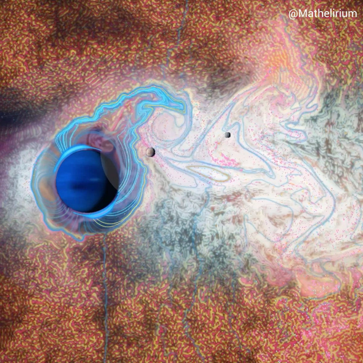 Neptune's magnetic tail can become very violent. Solar-wind compression can make it flap, tear, reconnect, and eject plasmoids, all while Triton feeds pickup plasma into the system. - A magnetohydrodynamics simulation