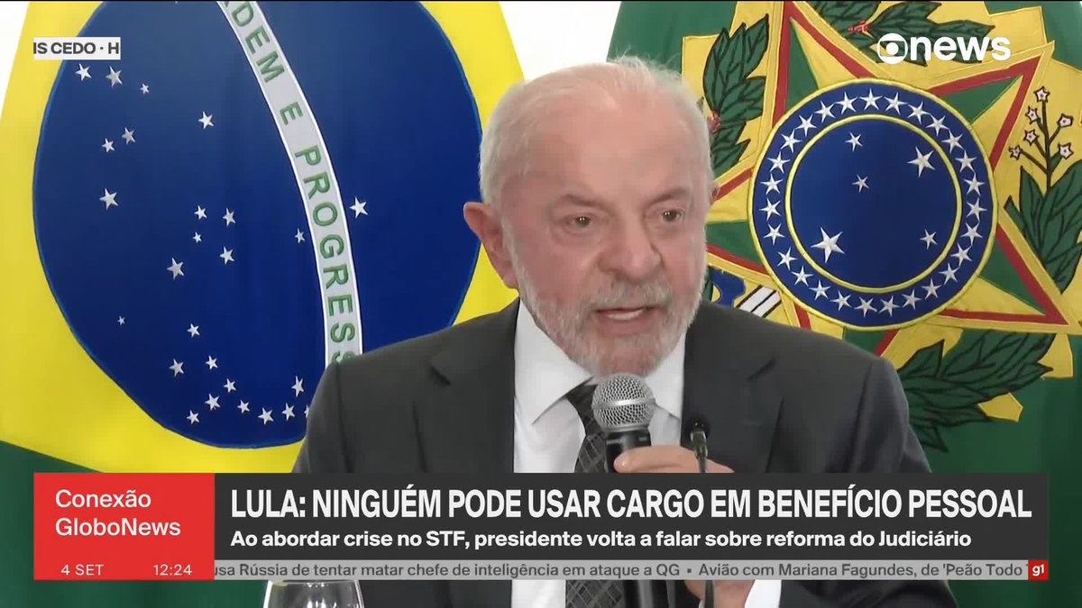 "Ninguém pode usar o cargo em benefício pessoal", diz Lula ao comentar crise no STF. ️➡️#ConexãoGloboNews de segunda a sexta, às 11h, na #GloboNews