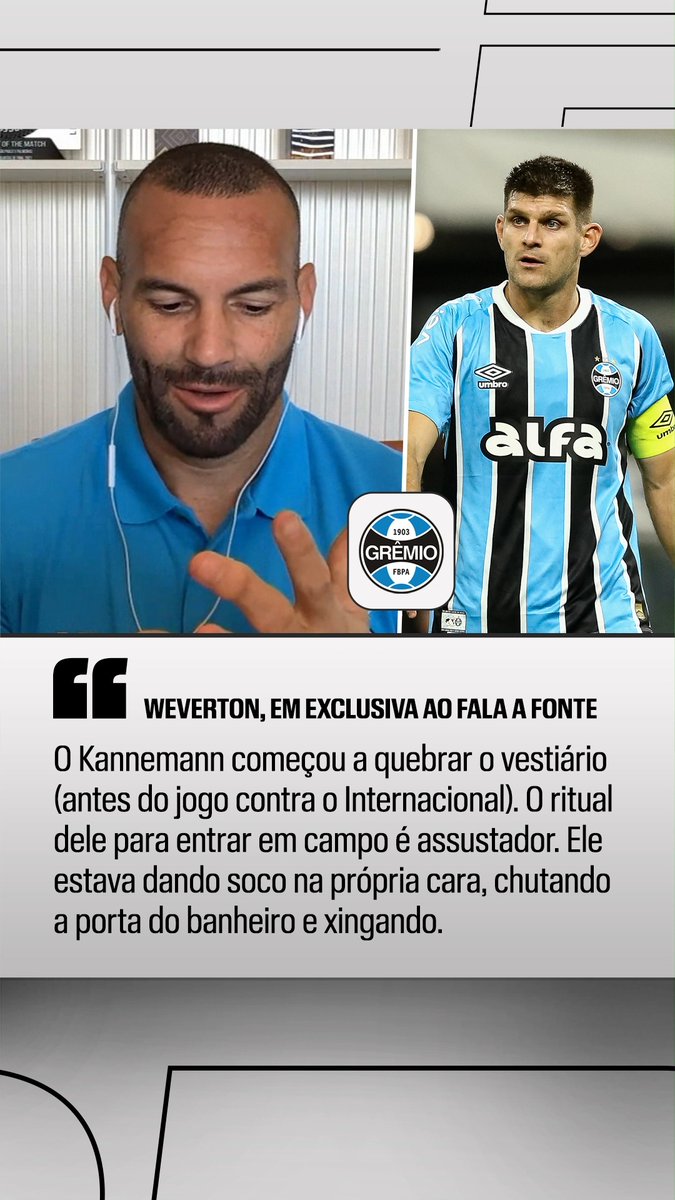"É impressionante como o Kannemann vive o Grêmio. Chega a ser assustador o ritual dele antes de entrar em campo. Ele simplesmente começa a quebrar o vestiário. Ontem (antes do Gre-Nal), eu fui dar uma mijada e o Kannemann estava jogando água, dando soco na cara dele, chutando a porta do banheiro, xingando... eu falei: 'o que é isso? Vamos jogar futebol ou vamos pra guerra?'" 🎙️ Weverton. 🎥 ESPN Brasil | SportsCenter Brasil