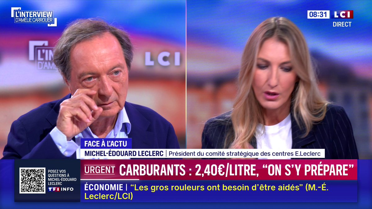 🚨🔴 LECLERC LÂCHE L’INFO SUR LCI. « Nous allons devoir intégrer la hausse des prix agroalimentaires, avec la matière première agricole. Ce sera inclus dans tous les tarifs à partir de décembre. » Viande : ça va monter. Carburant : 2,40 €/L, « on s’y prépare ». Les gros rouleurs ? « Ils ont besoin d’être aidés. » 🚨Traduction : le caddie va encore prendre cher. Toi tu paies. Eux ils expliquent. Les marges, les taxes, les normes, le Mercosur, l’énergie… tout ça, c’est toi qui l’avales. 💸📉