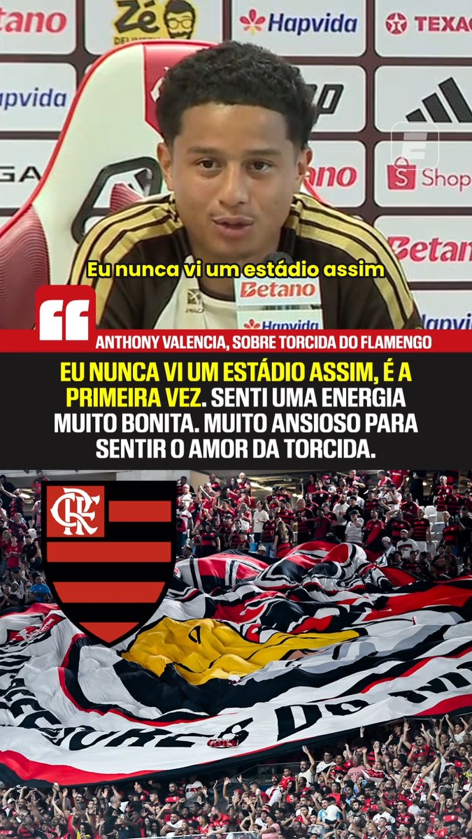 "Na verdade, eu nunca vi um estádio assim, é a primeira vez. Senti uma energia muito bonita, muita paixão. Estou muito ansioso para jogar aqui e sentir o amor da torcida." 🎙️ Anthony Valencia, novo reforço do Flamengo. 🎥 ESPN Brasil | SportsCenter Brasil