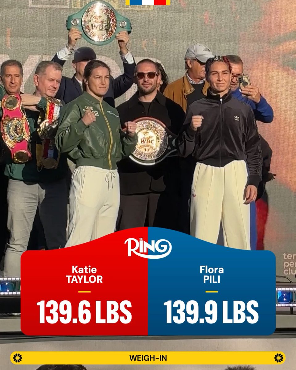 ⚖️ Katie Taylor vs Flora Pili weigh-in results: 🇮🇪 Taylor - 139.6 lbs 🇫🇷 Pili - 139.9 lbs ✅ All set for their Ring and undisputed junior welterweight fight tomorrow night, live on DAZN 🍀