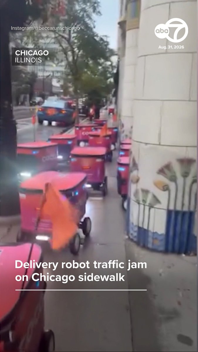 A cluster of delivery robots clogged up a Chicago sidewalk on Monday. More: