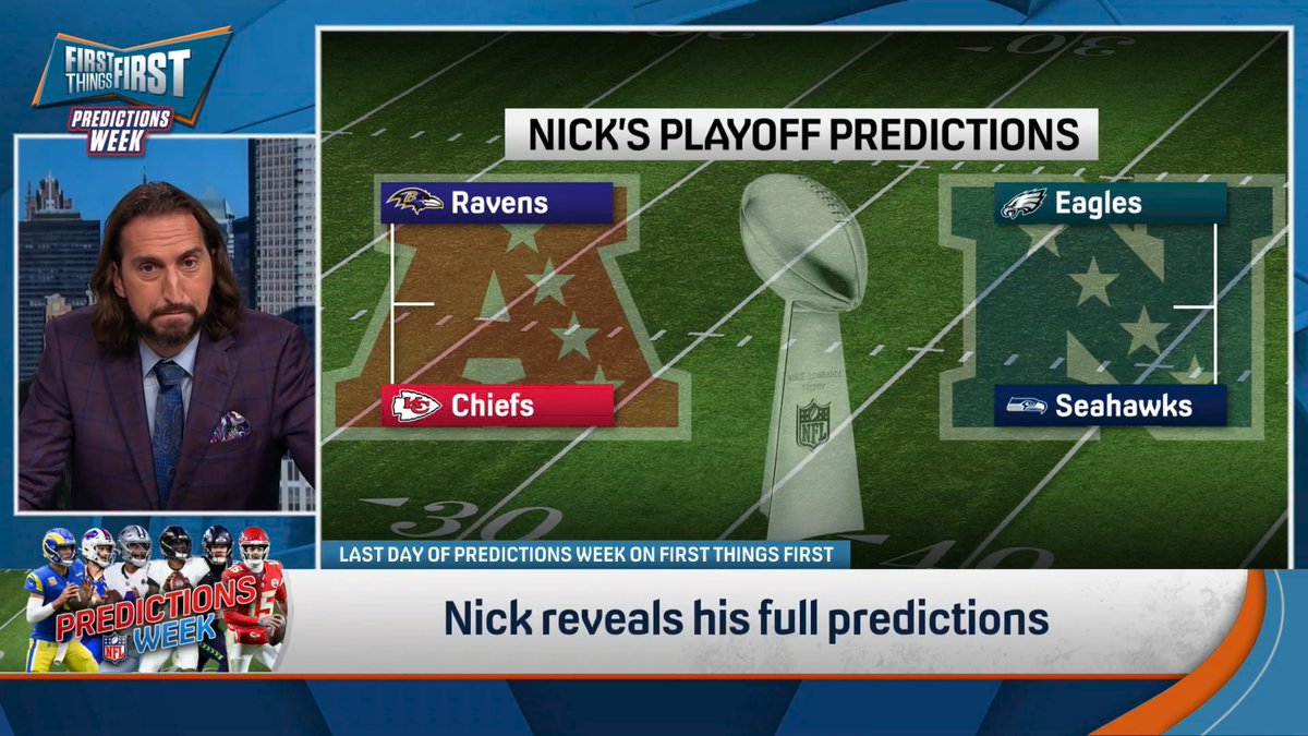 “PART 3! THE RUBBER MATCH! A TRILOGY! Every other year we get this Super Bowl!” nick wright reveals his FULL NFL Playoff Predictions 👀