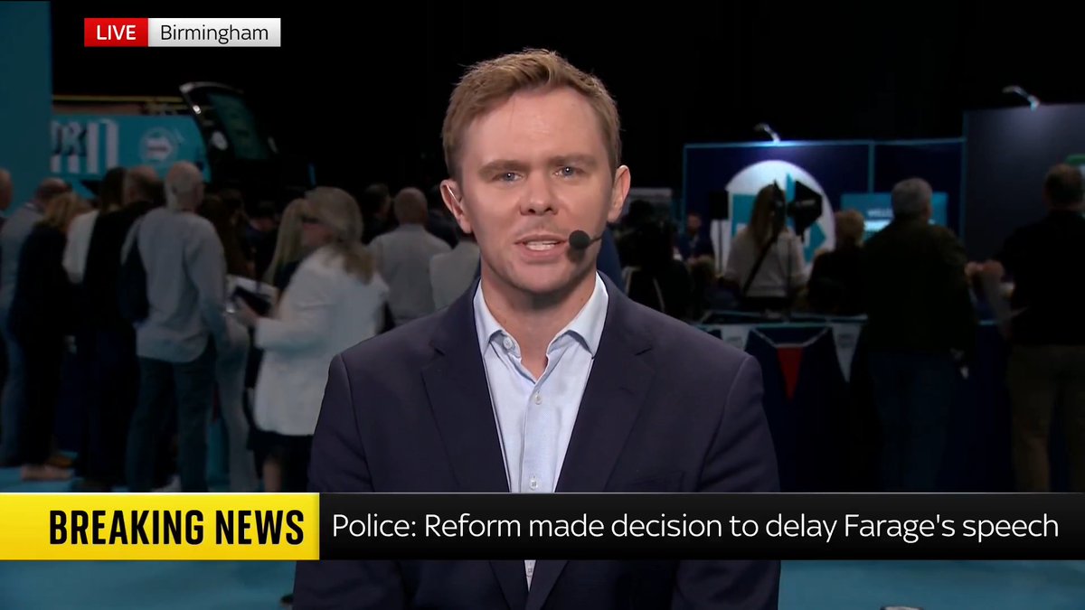 BREAKING: West Midlands Police say Reform UK made the decision to delay Nigel Farage's speech at the party's conference yesterday. Reform said the speech had been delayed due to security concerns. Sky's Rob Powell reports. 📺 Sky 501