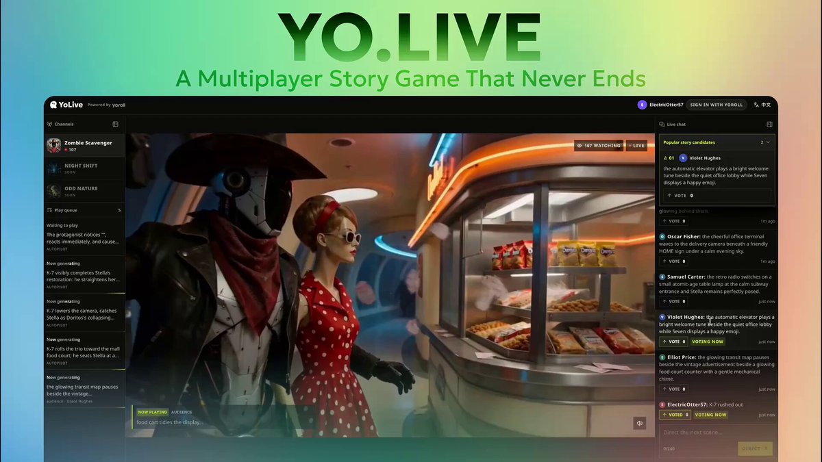 🎬 Join for a never-ending film shaped by everyone, together, in real time. ✍️ Multiplayer Storytelling: Pitch the next scene, vote for your favorite ideas, and direct the story together. Make the robot dance, spark a rooftop chase, or throw in a wild twist. Everyone has a say in what happens next. ⚡ Generated Live: Winning prompts become new scenes, generated by Yoroll H3 Superfast. One shared film. A crowd of directors. What happens next? 👉