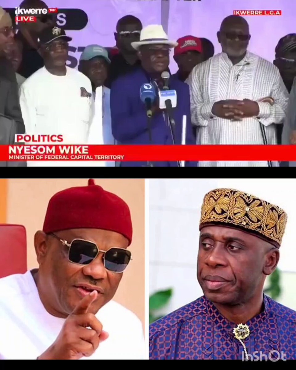 "In 2014, Rotimi Amaechi defined who a brother is. He said a brother is one who identifies with us in terms of problems. He said brotherhood is not blood relation. So, we are going to copy that definition for the 2027 presidential election. Amaechi said Former president Jonathan never cared for us and that late Buhari was our brother because he would identify with us. If that's the case, he now wants to run for Vice President. When he was minister, what did he do for us? Rather, he took the transportation university to Katsina State, thinking that it would make him president. Did they make him president? -Nyesom Wike blåsts ADC Vice Presidential Candidate, Rotimi Amaechi today in Rivers state