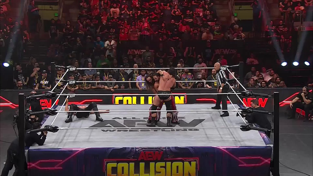 That’s quick thinking from the @YoungBucks – but @BrianCageGMSI is just as quick and just too strong! Watch #AEWCollision on TNT & HBO Max