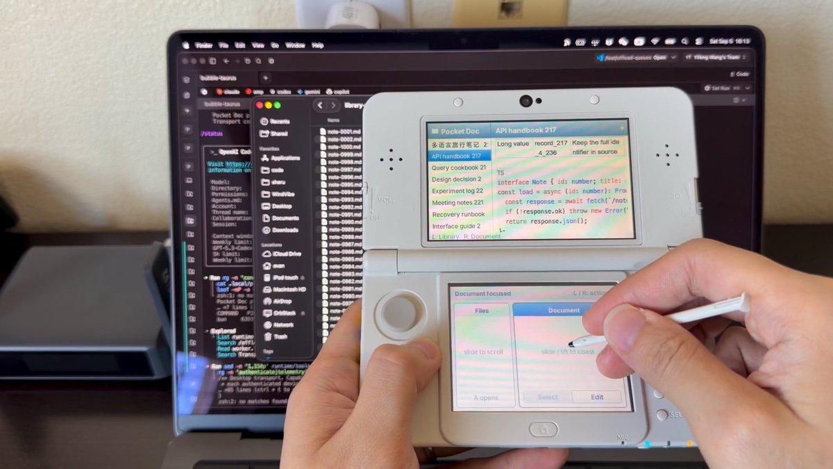 Your Nintendo 3DS is a Markdown editor now! 1,000+ files on your Mac. Editable from a 3DS at 60 FPS. Code blocks? Bake them into textures on the Mac and stream them back. SolidJS async keeps the fallback smooth. And this is just the beginning of a new UI computing model 🤠
